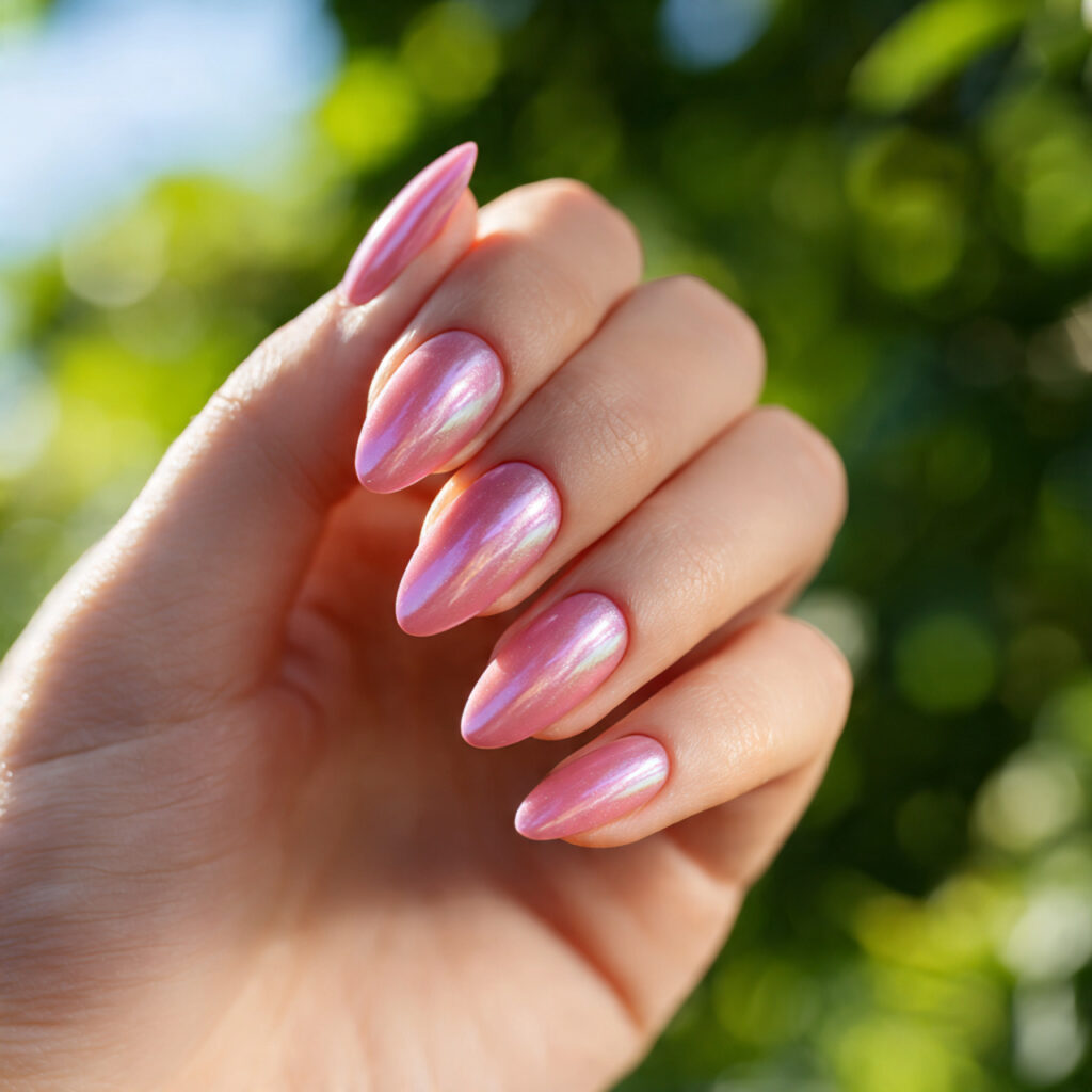 Summer Nails Cat Eye: Magnetic Glow You’ll Be Obsessed With 14 one hand showing attractive pink aura cat eye nail