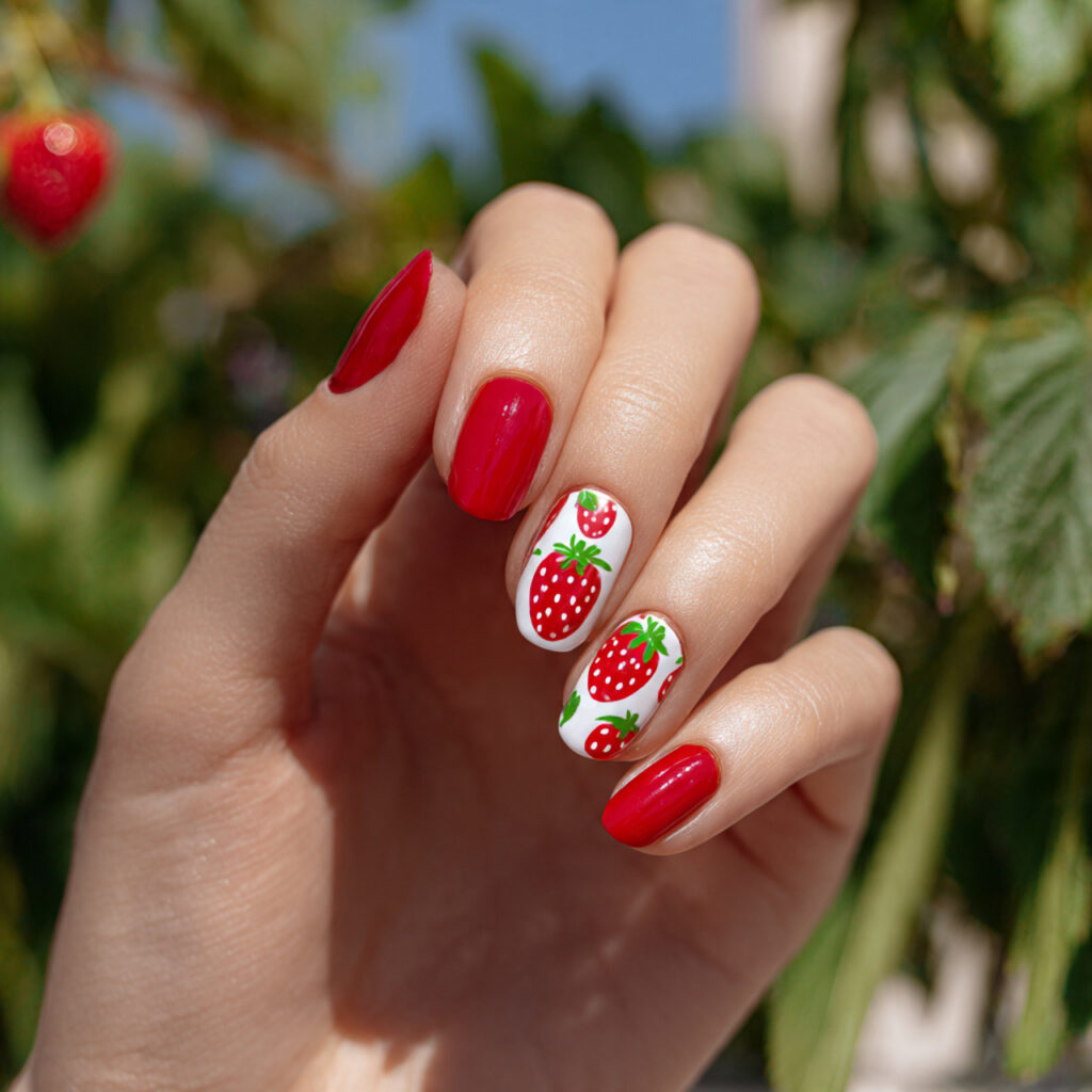 Summer Nails Art: Tiny Masterpieces for Your Fingertips 1 one hand showing attractive strawberry detail nail