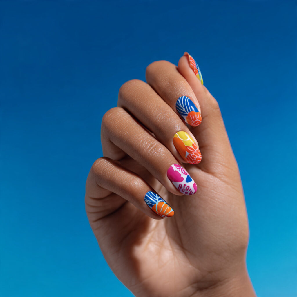 one hand with attractive abstract color pop nails