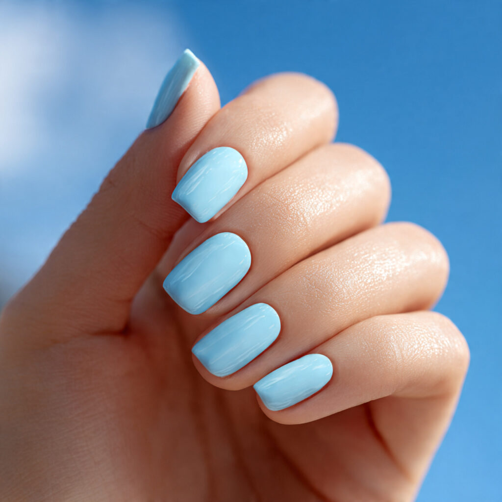 Shellac Nails Summer: Long-Lasting Shine for Your Dreamy Manicure 6 one hand with attractive baby blue shellac nails g