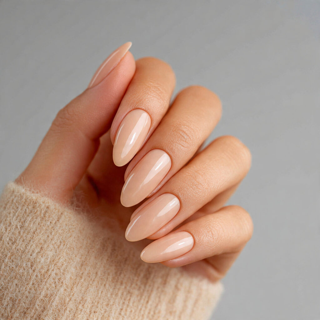 one hand with attractive beige almond nails glossy