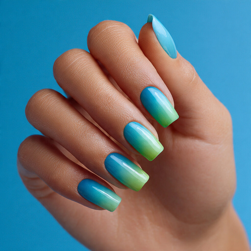 Summer Nails Colorful: Bright, Playful & Totally Aesthetic Ideas 3 one hand with attractive blue and green ombre blen