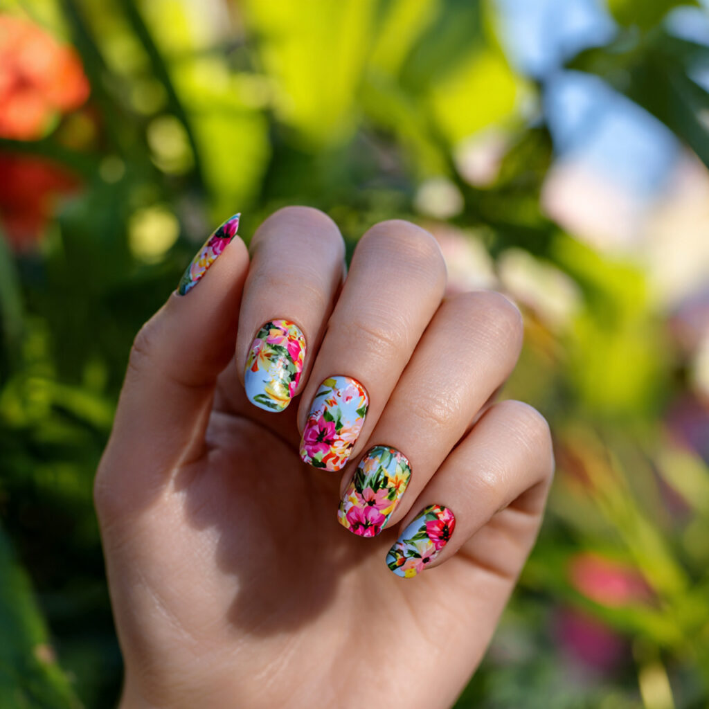 Summer Nails Bright: Bold Colors You’ll Fall in Love With 11 one hand with attractive bright floral nail art gl