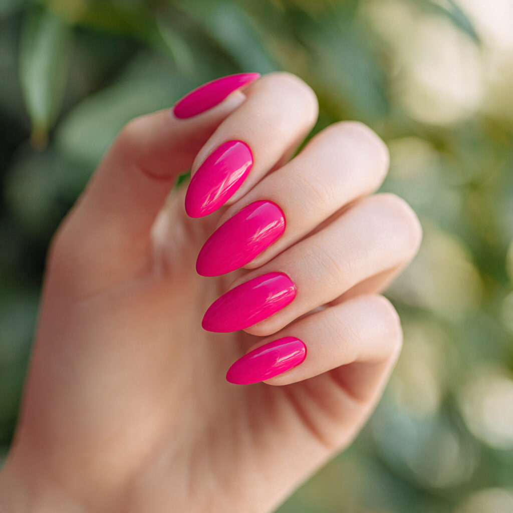one hand with attractive bright pink almond shaped