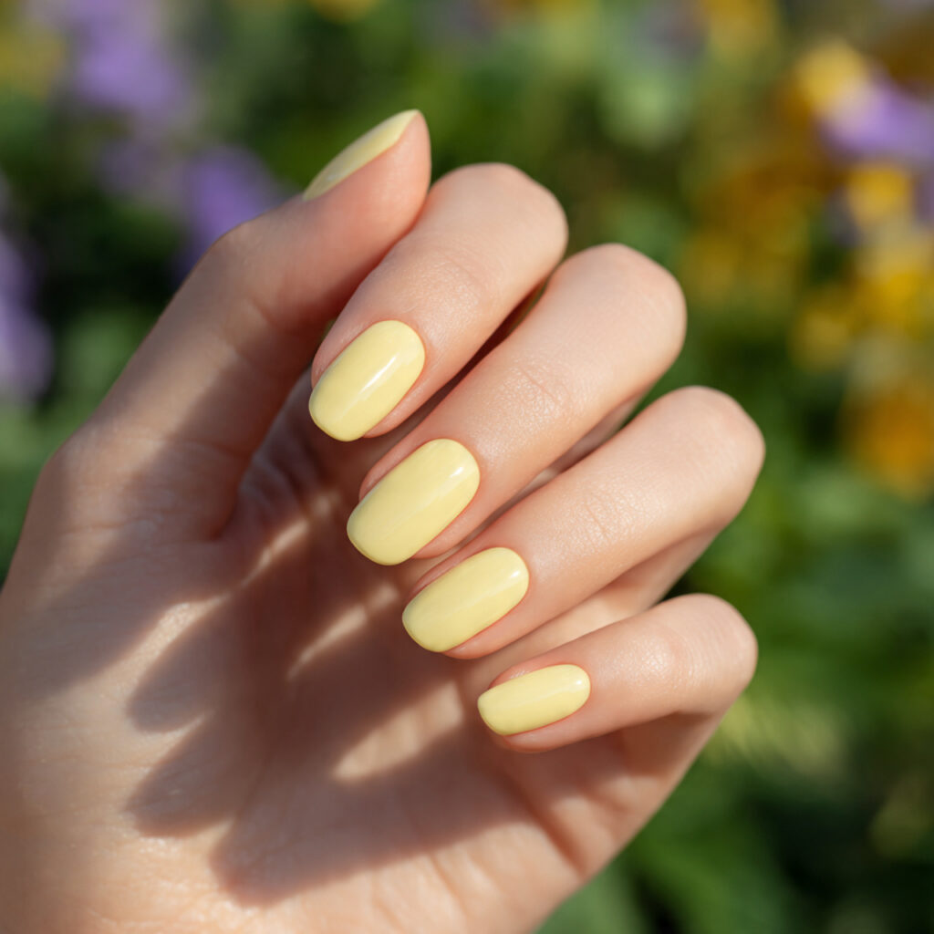 Summer Nails Yellow Pastel: Soft Sunshine for Your Fingertips 1 one hand with attractive butter yellow short nails