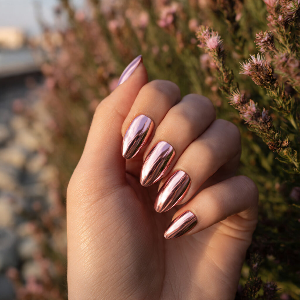 one hand with attractive chrome glazed nails gloss