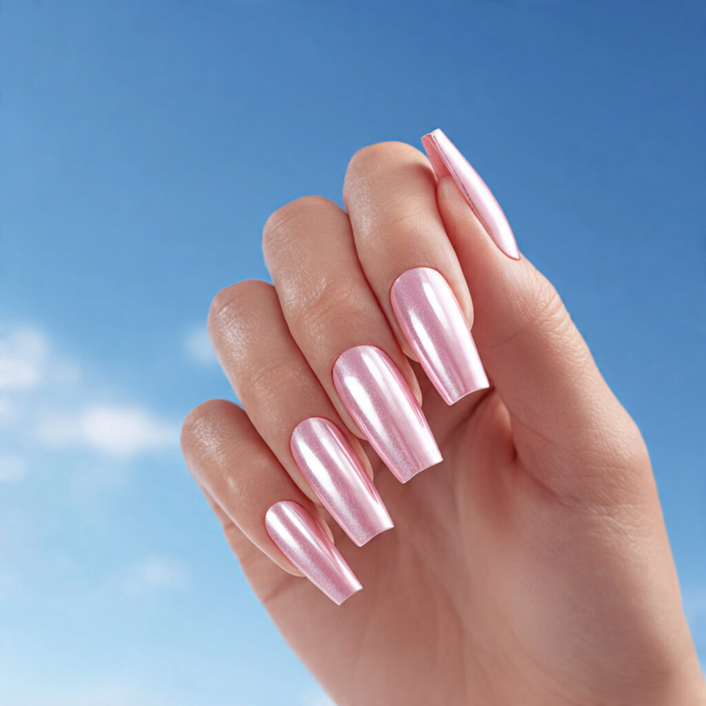 one hand with attractive chrome pink long nails gl 1