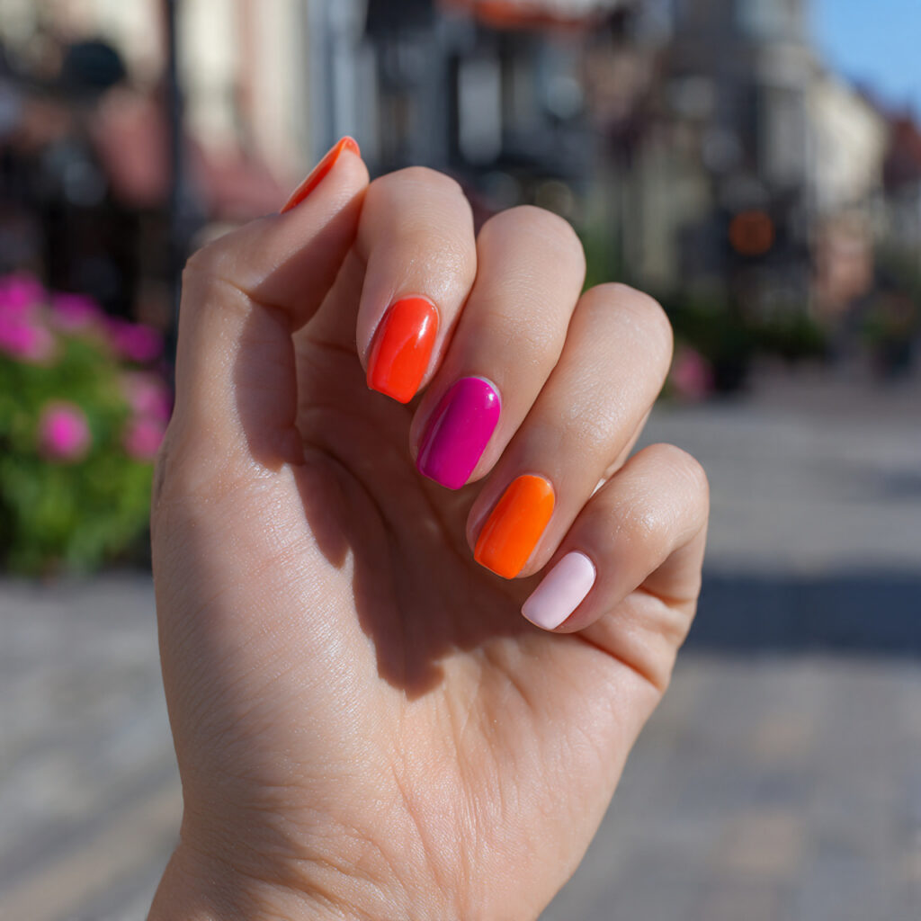 Summer Nails Bright: Bold Colors You’ll Fall in Love With 12 one hand with attractive color block bright nails