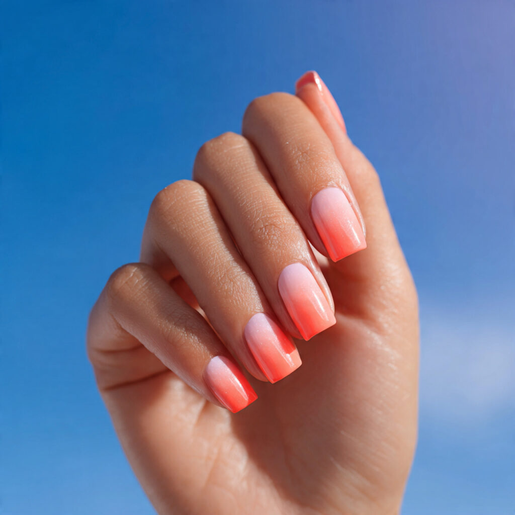 Summer Nails 2026 Square: The Chicest Designs You’ll Want to Copy ASAP 11 one hand with attractive coral sunset ombre square