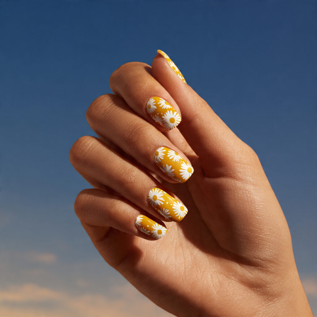 Shellac Nails Summer: Long-Lasting Shine for Your Dreamy Manicure 10 one hand with attractive daisy shellac nails gloss