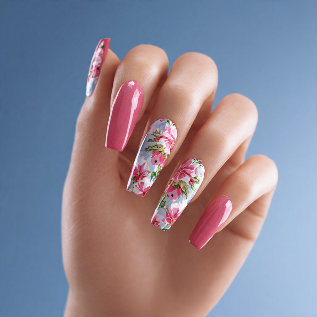 one hand with attractive floral accent long nails