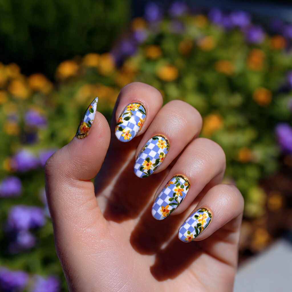 Summer Nails Checkered: 14 Cute & Trendy Designs You’ll Want to Save 12 one hand with attractive floral checkered nails gl
