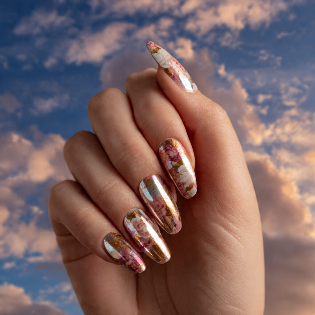 one hand with attractive floral chrome accent nail