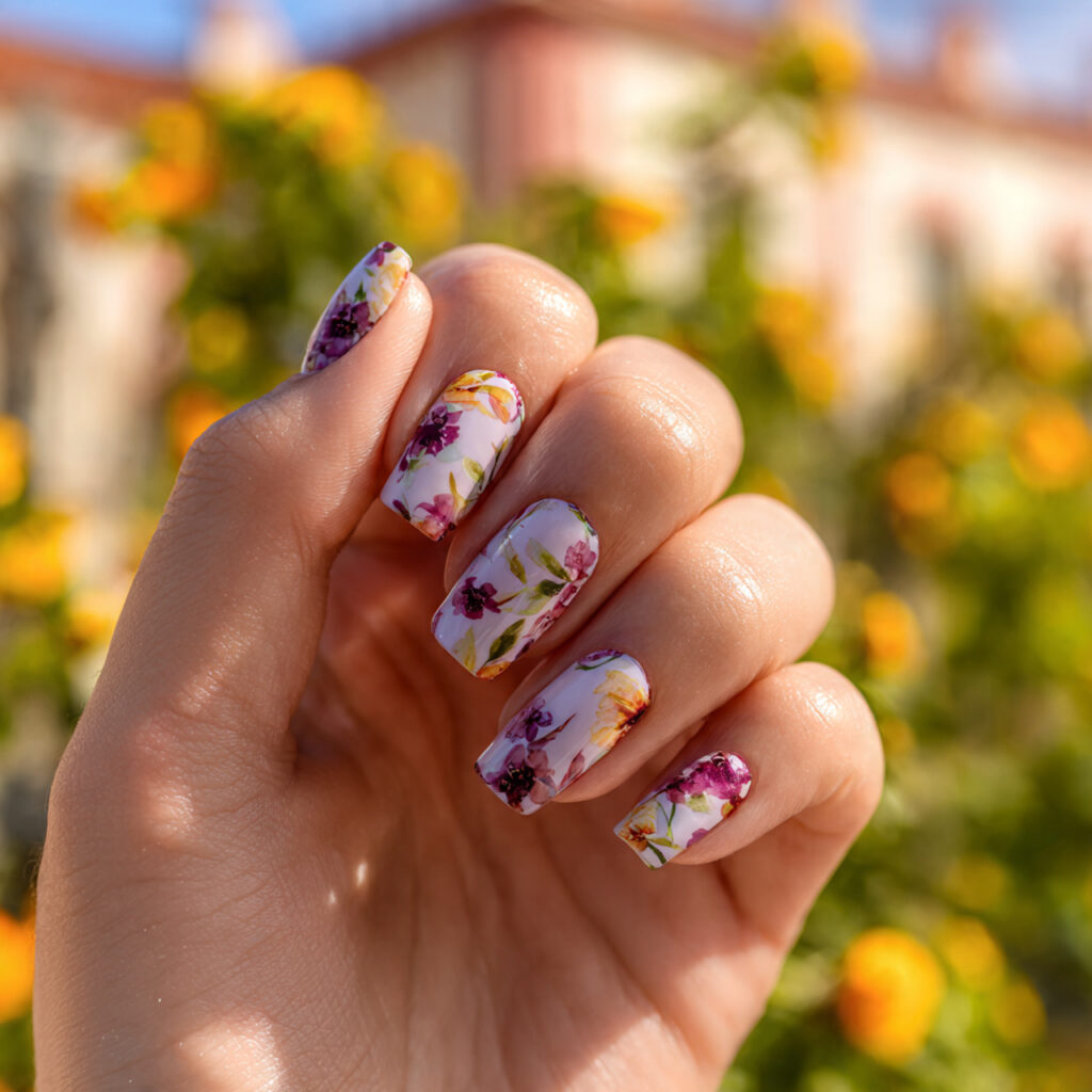 Summer Nails With Designs: 14 Aesthetic Looks You’ll Want to Copy 13 one hand with attractive floral design nails gloss