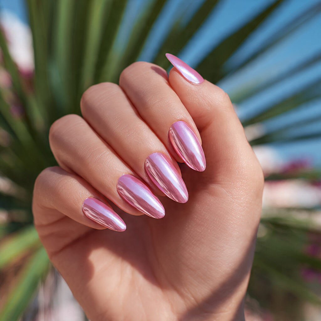 one hand with attractive glazed pink chrome nails