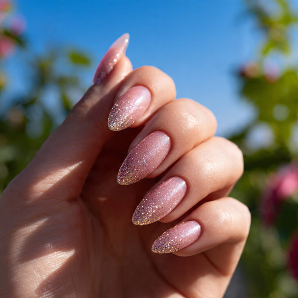 one hand with attractive glitter tip stiletto nail