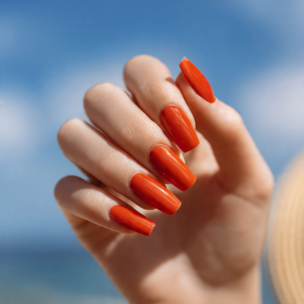 one hand with attractive glossy long nails and glo