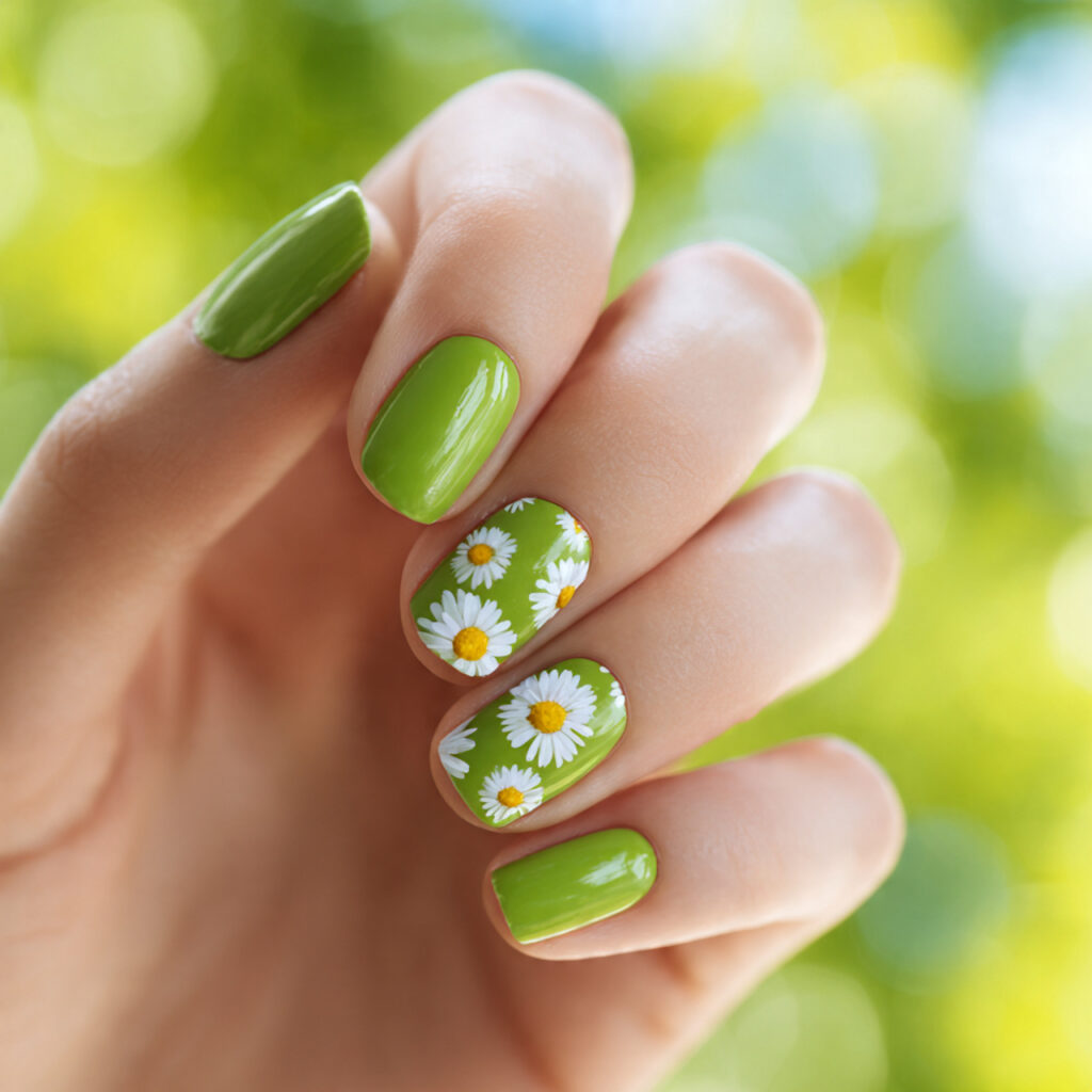 Summer Nails Green: Fresh, Dreamy Looks You’ll Want All Season 10 one hand with attractive green daisy nail art glos