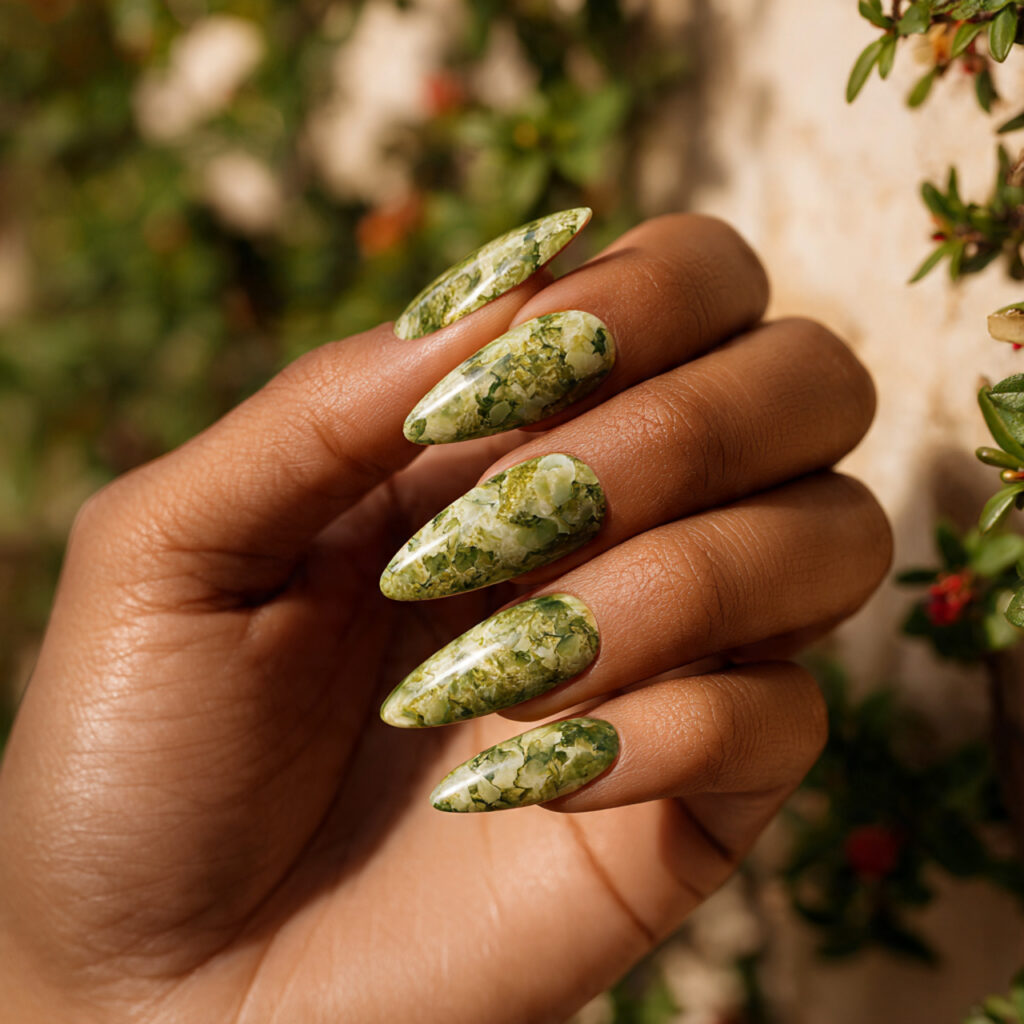 Summer Nails Blooming Gel: Soft, Blended & Dreamy Nail Art You’ll Love 5 one hand with attractive green marble bloom nails