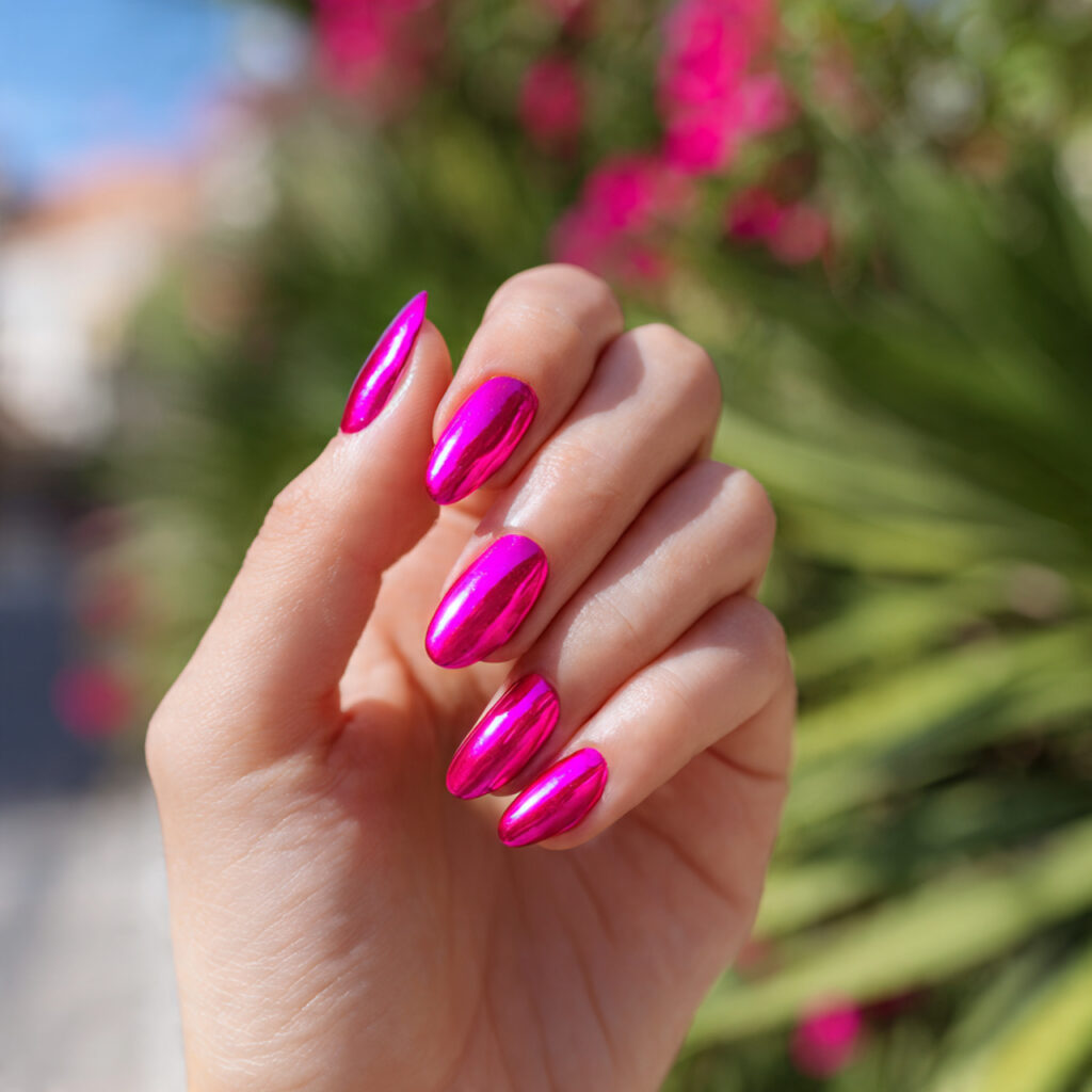 Summer Nails 2026 Pink: Soft, Glossy & Dreamy Pink Nail Inspo 4 one hand with attractive hot pink chrome nails glo