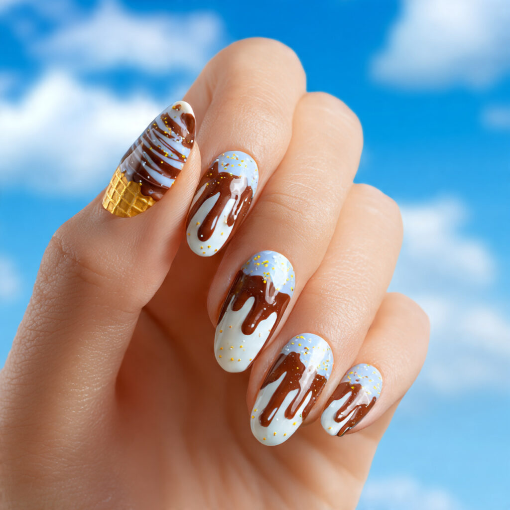 Summer Nails Art: Tiny Masterpieces for Your Fingertips 3 one hand with attractive ice cream drip nail art g