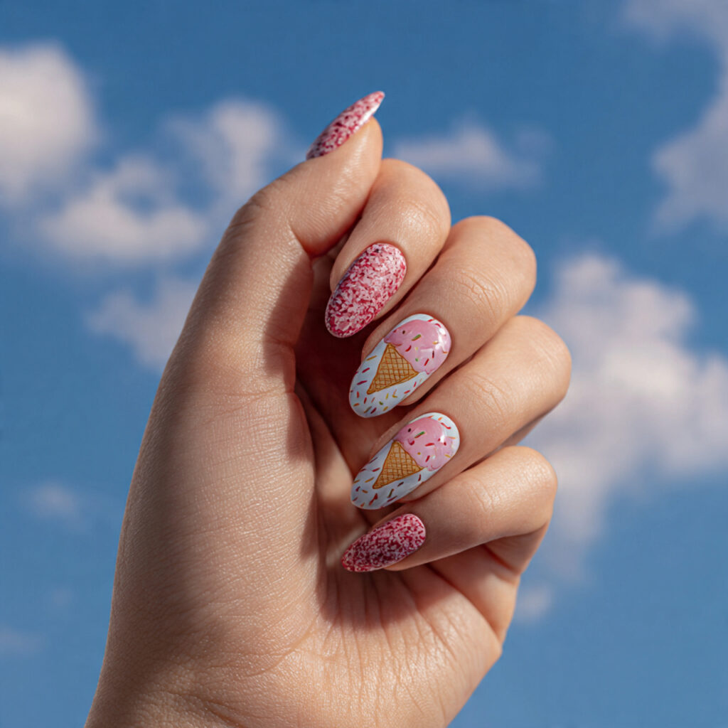 Summer Nails for Kids: Cute, Colorful & Full of Joy 10 one hand with attractive ice cream nail design glo