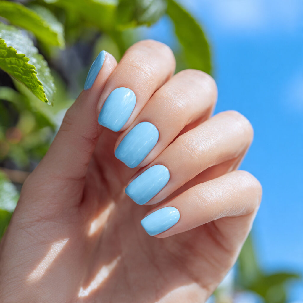 Summer Nails 2026 Blue: Cool, Glossy & Ocean-Inspired Perfection 3 one hand with attractive icy blue short nails glos