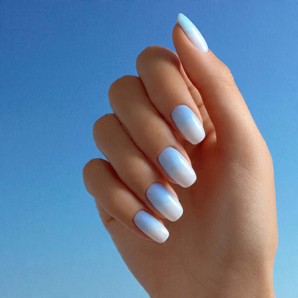 Summer Ombre Nails: Soft Blends & Sunlit Color Dreams 11 one hand with attractive icy blue to white ombre g