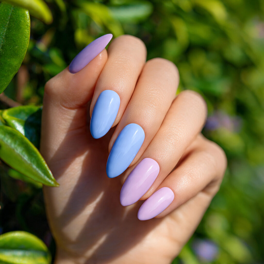 Summer Nails Colorful: Bright, Playful & Totally Aesthetic Ideas 8 one hand with attractive lavender and baby blue mi