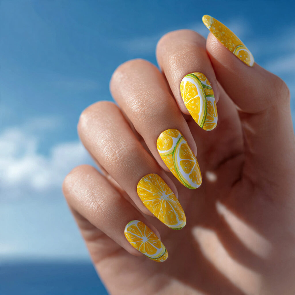Summer Nails Yellow Pastel: Soft Sunshine for Your Fingertips 5 one hand with attractive lemon inspired nail art g