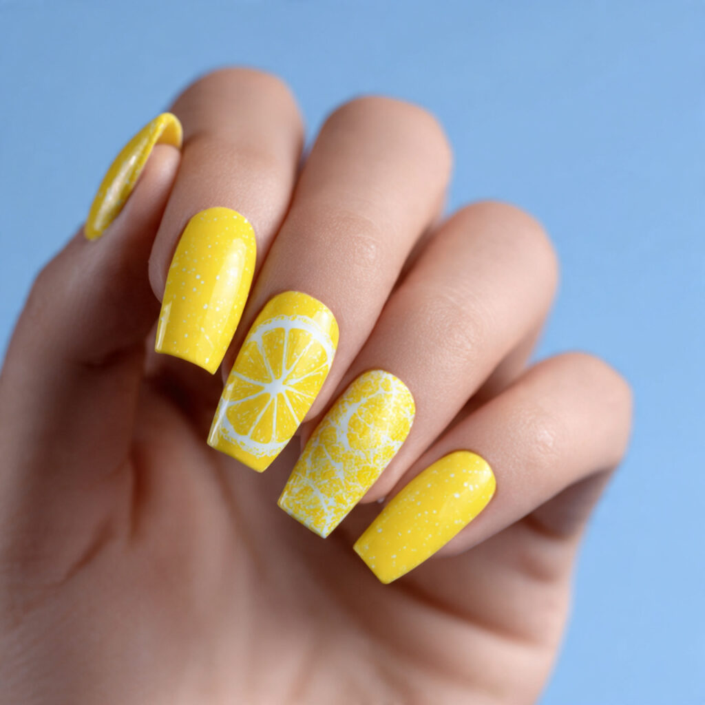 Summer Nails 2026 Square: The Chicest Designs You’ll Want to Copy ASAP 6 one hand with attractive lemon zest short square n
