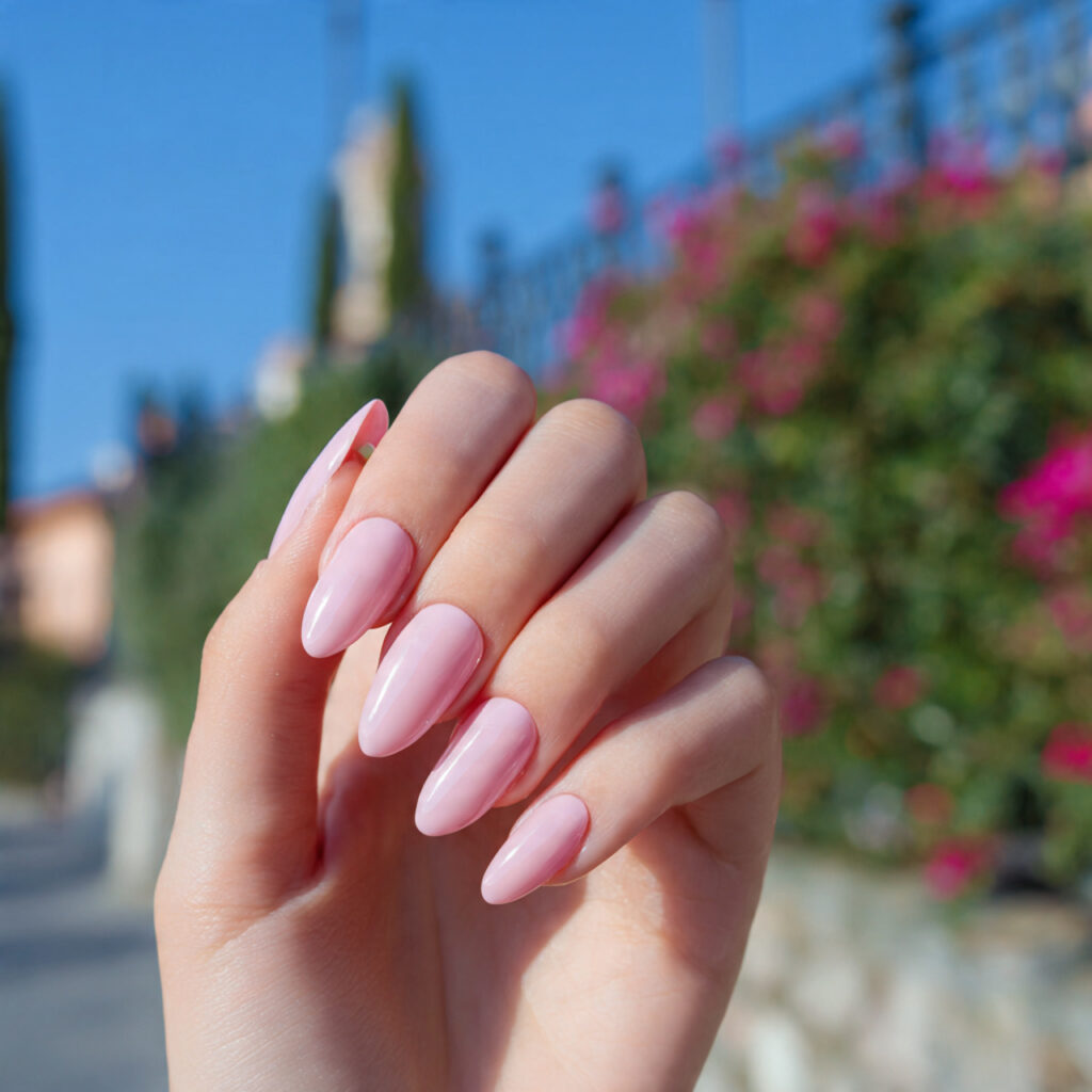 one hand with attractive milky pink almond nails g