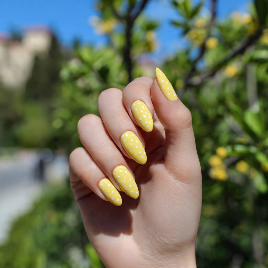 Summer Nails Yellow Pastel: Soft Sunshine for Your Fingertips 14 one hand with attractive minimal yellow dot nail a