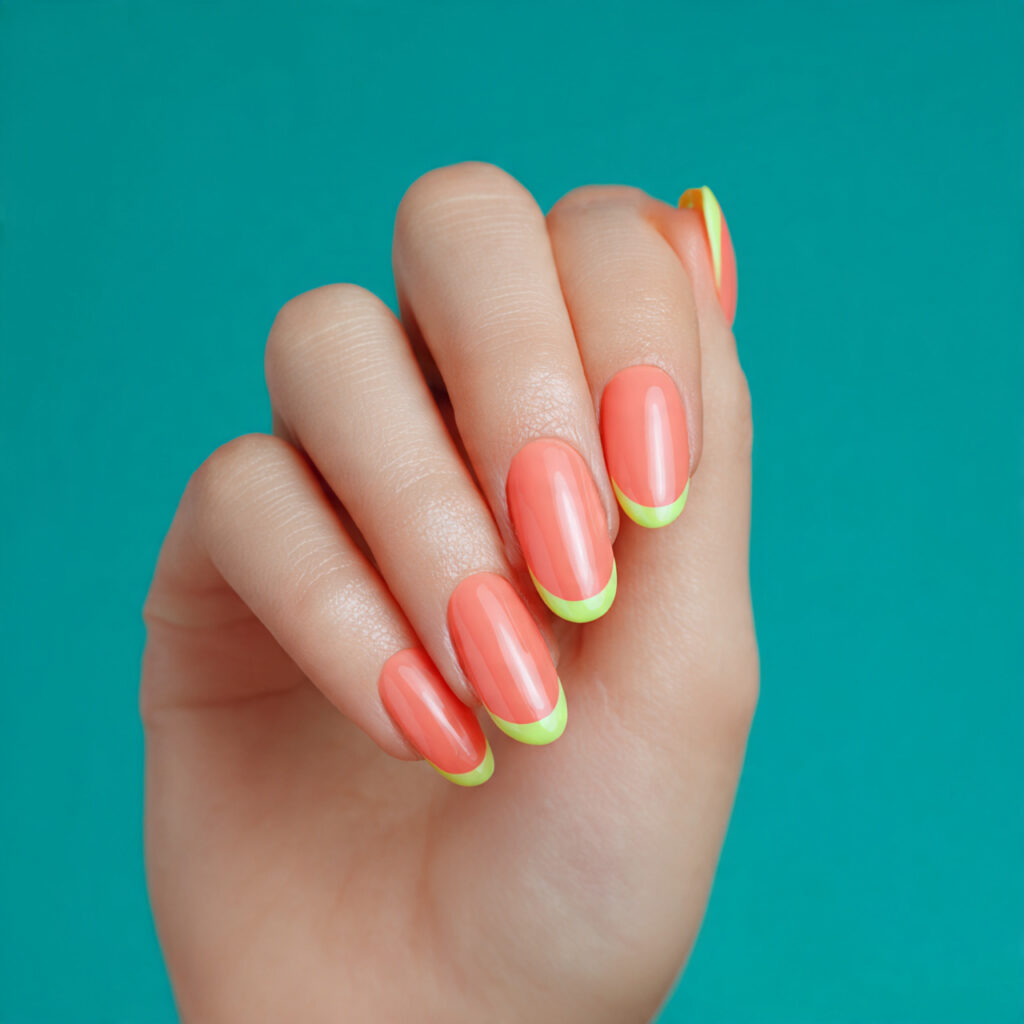 one hand with attractive neon french tip nails glo
