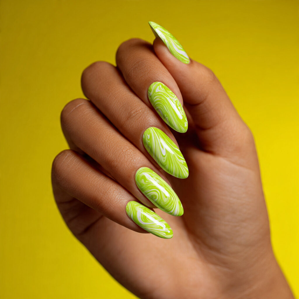 Summer Nails Green: Fresh, Dreamy Looks You’ll Want All Season 5 one hand with attractive neon green swirl nails gl