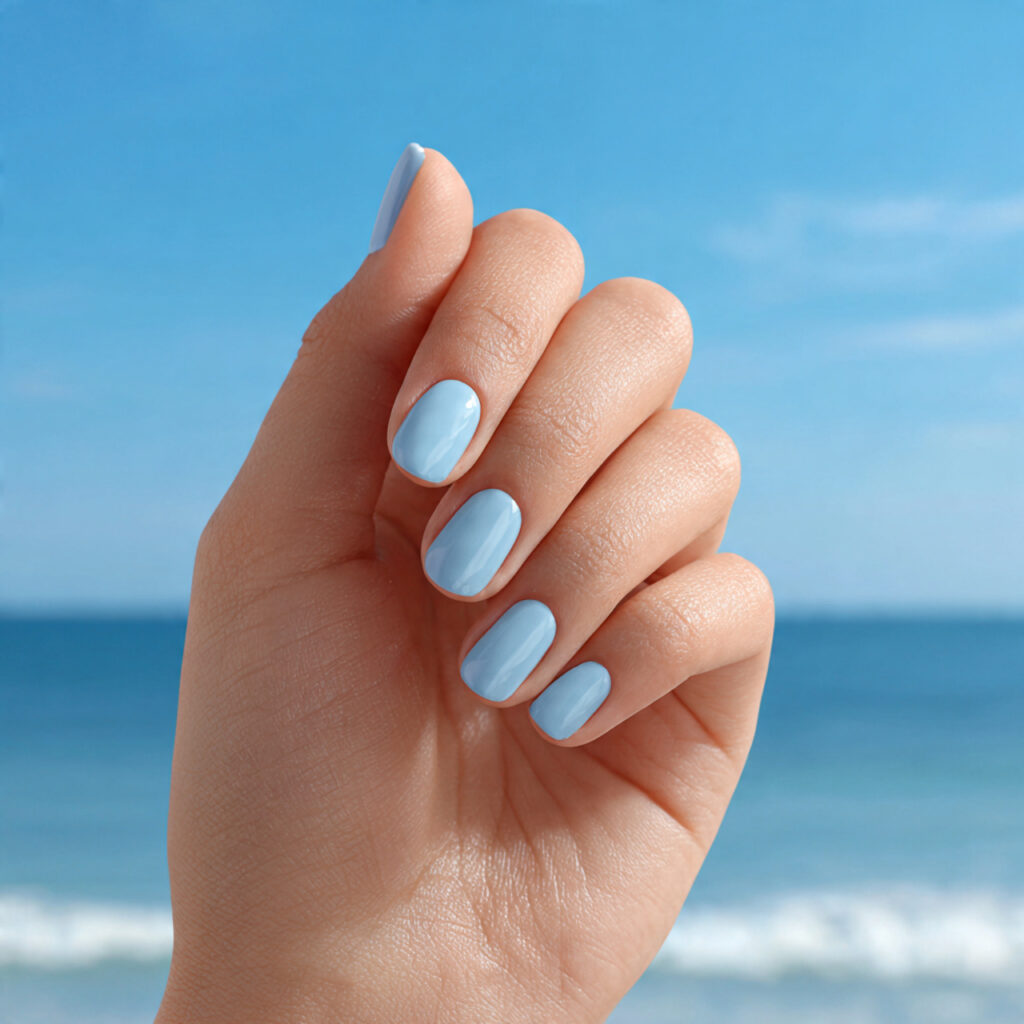 one hand with attractive ocean breeze nails glossy
