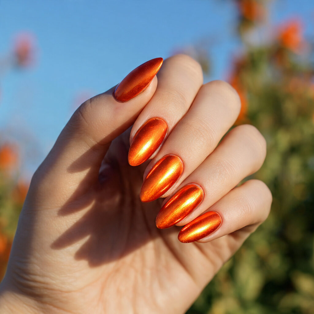 one hand with attractive orange chrome pop nails g
