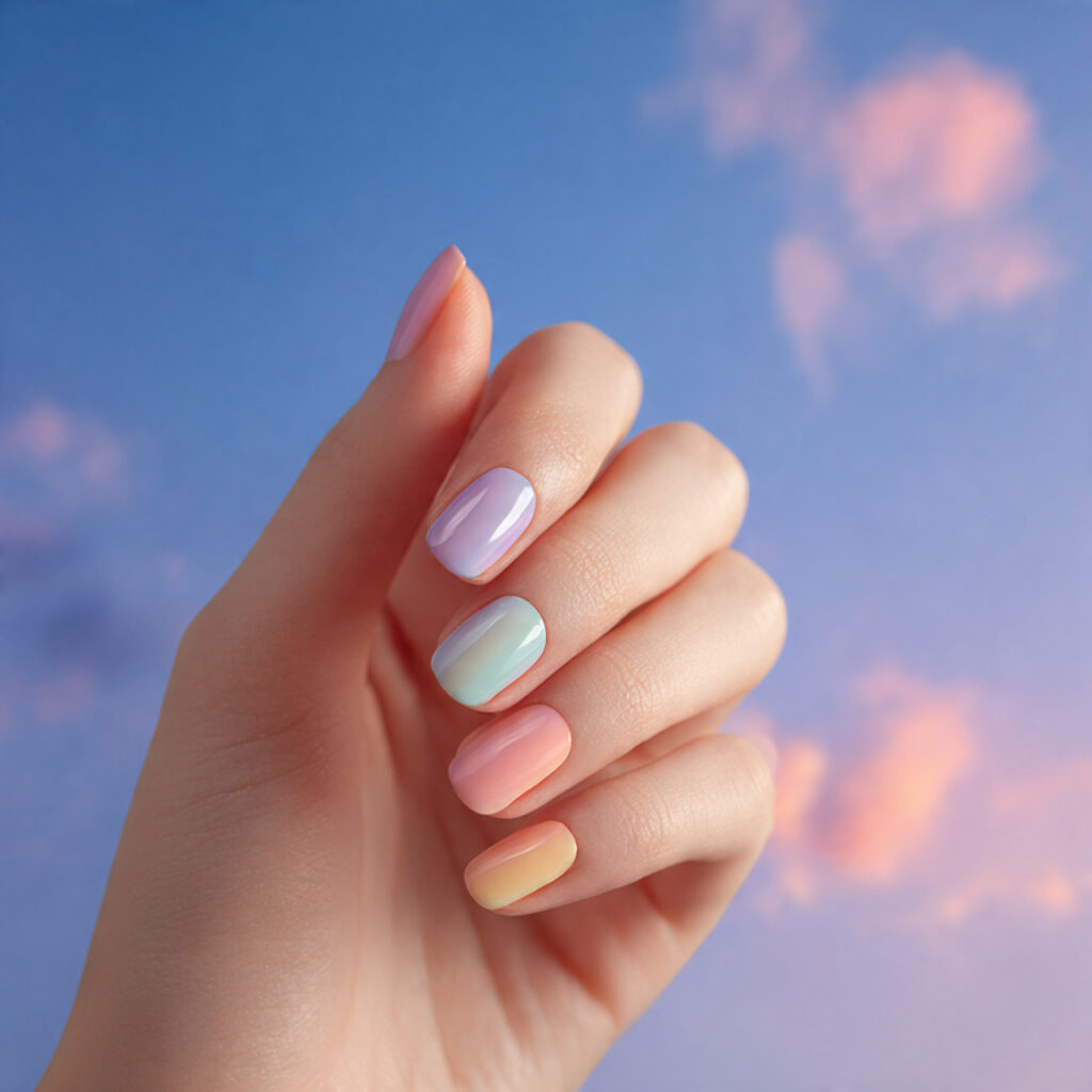 one hand with attractive pastel aura nails glossy