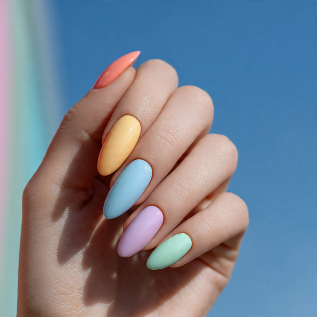 Summer Nails Colorful: Bright, Playful & Totally Aesthetic Ideas 1 one hand with attractive pastel rainbow almond sha