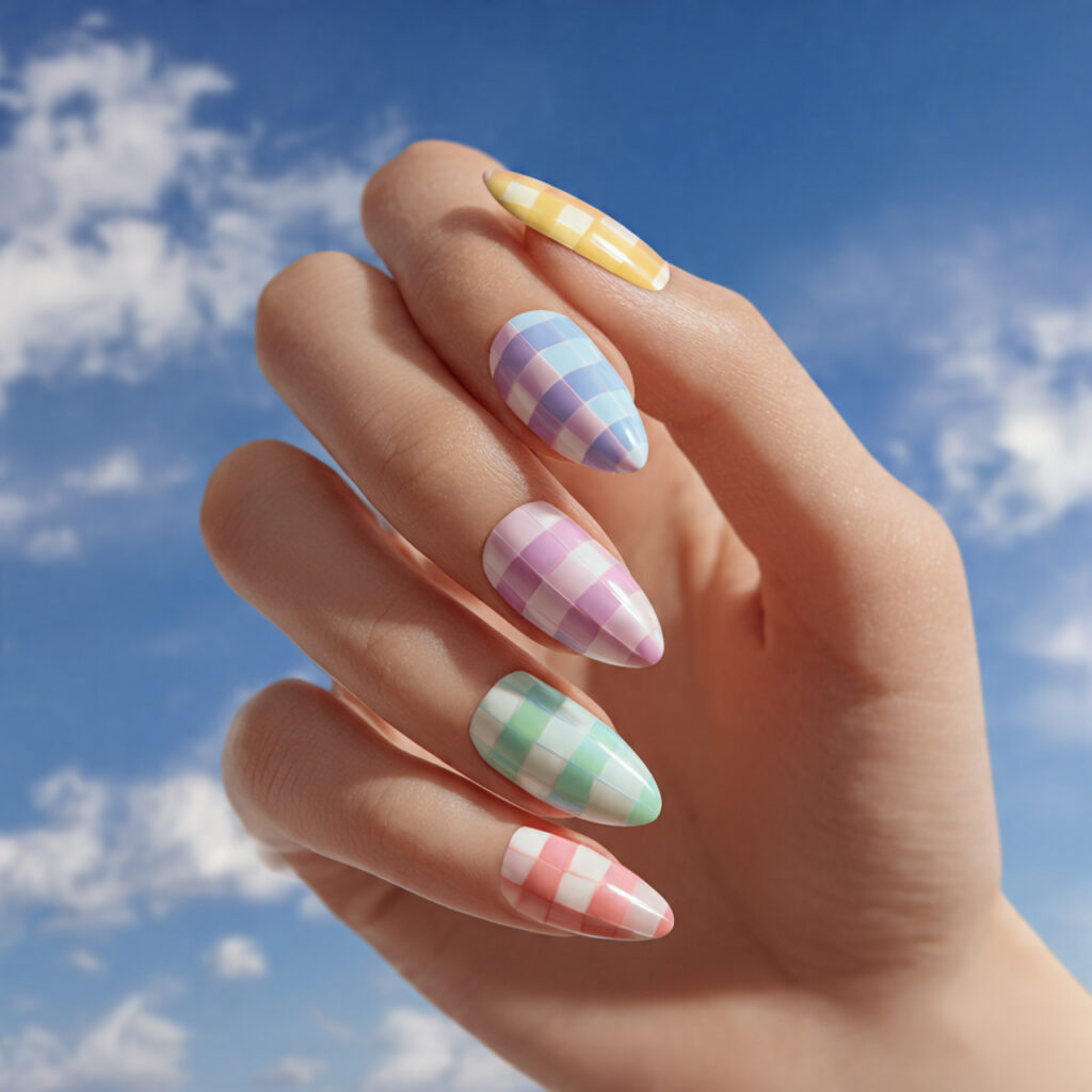 Summer Nails Checkered: 14 Cute & Trendy Designs You’ll Want to Save 4 one hand with attractive pastel rainbow checkered