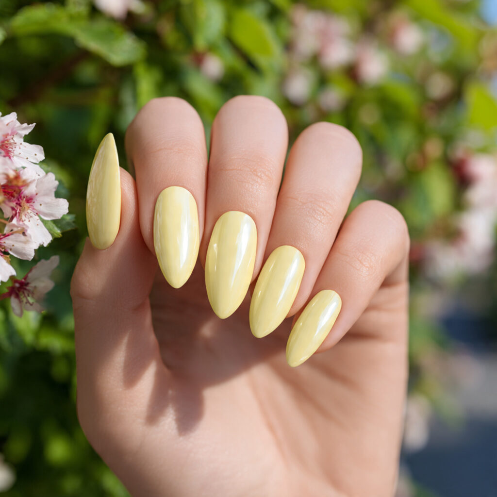 Summer Nails Yellow Pastel: Soft Sunshine for Your Fingertips 10 one hand with attractive pastel yellow chrome nail