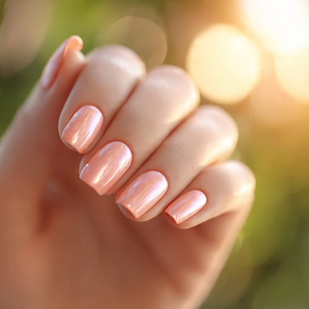 one hand with attractive peach chrome shine nails