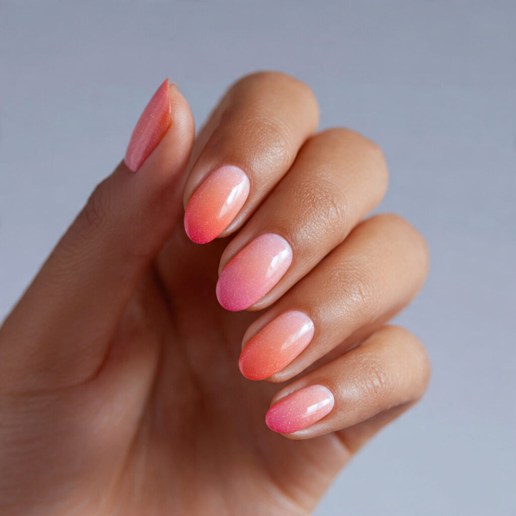 Summer Ombre Nails: Soft Blends & Sunlit Color Dreams 1 one hand with attractive peach to pink sunset ombr