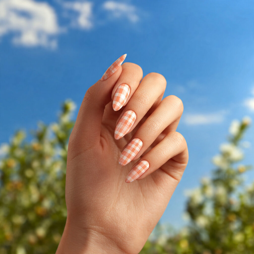 Summer Nails Checkered: 14 Cute & Trendy Designs You’ll Want to Save 13 one hand with attractive peachy checkered nails gl