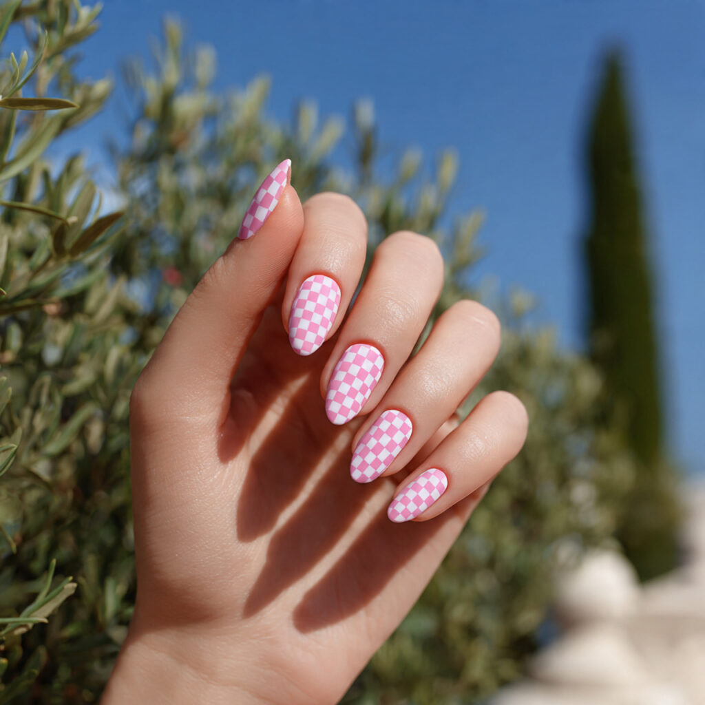 Summer Nails Checkered: 14 Cute & Trendy Designs You’ll Want to Save 1 one hand with attractive pink and white checkered