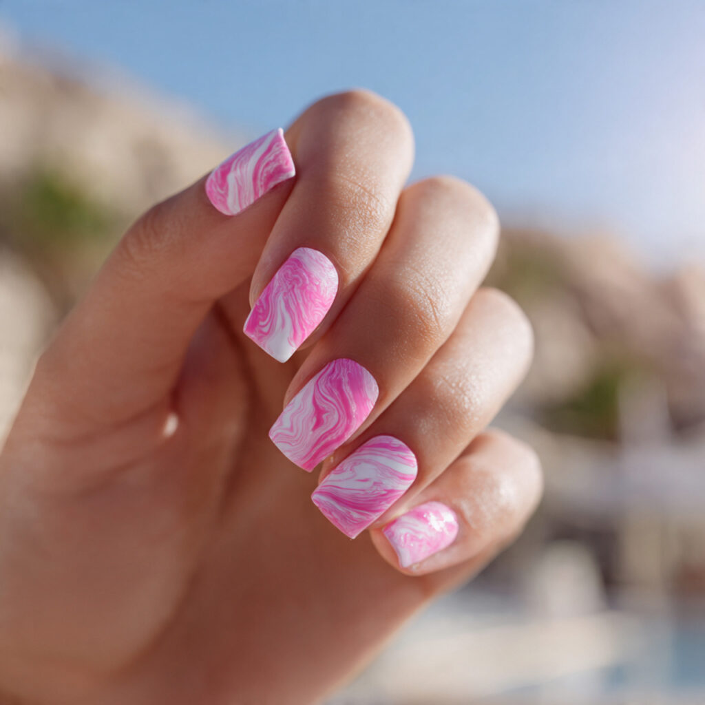 Summer Nails 2026 Pink: Soft, Glossy & Dreamy Pink Nail Inspo 10 one hand with attractive pink and white swirl nail