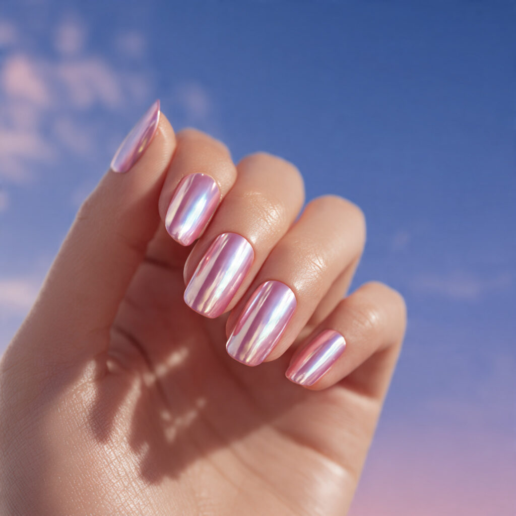 one hand with attractive pink chrome aura nails gl