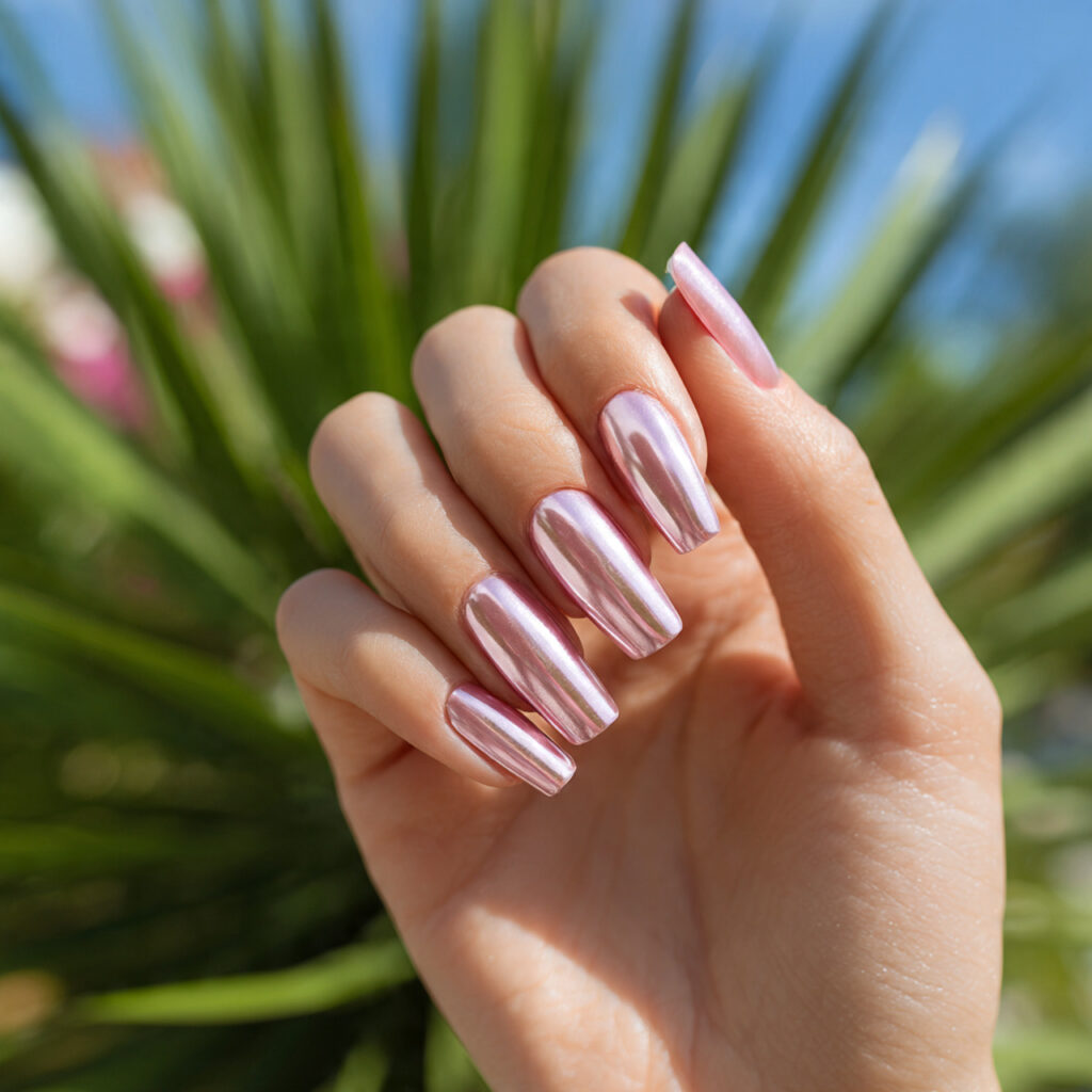 Summer Nails French: The Soft, Sunny Twist Everyone’s Obsessed With 6 one hand with attractive pink chrome french nails