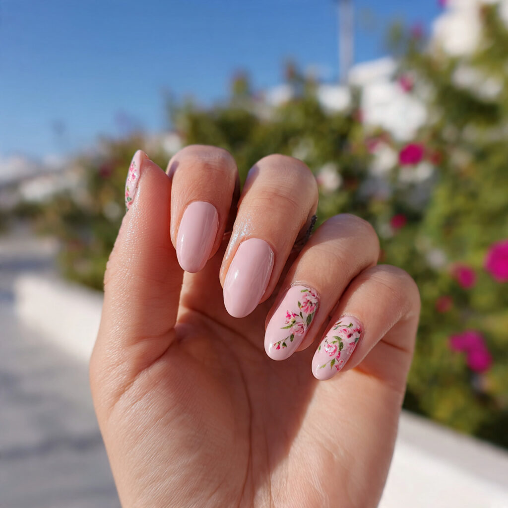 Summer Nails 2026 Pink: Soft, Glossy & Dreamy Pink Nail Inspo 6 one hand with attractive pink floral accent nails