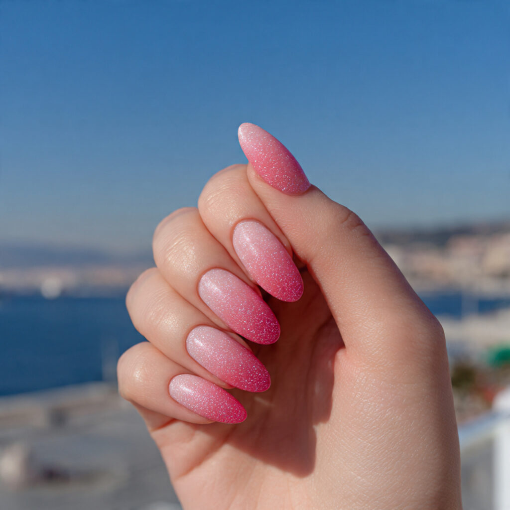 Summer Nails 2026 Pink: Soft, Glossy & Dreamy Pink Nail Inspo 11 one hand with attractive pink glitter ombre nails